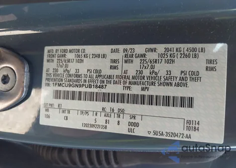 2023 Ford Escape Active from USA, damaged, VIN 1FMCU9GN9PUB18487